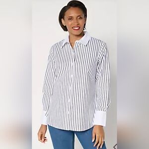 Joan Rivers Button-Up Blouse Dark Gray White SZ L